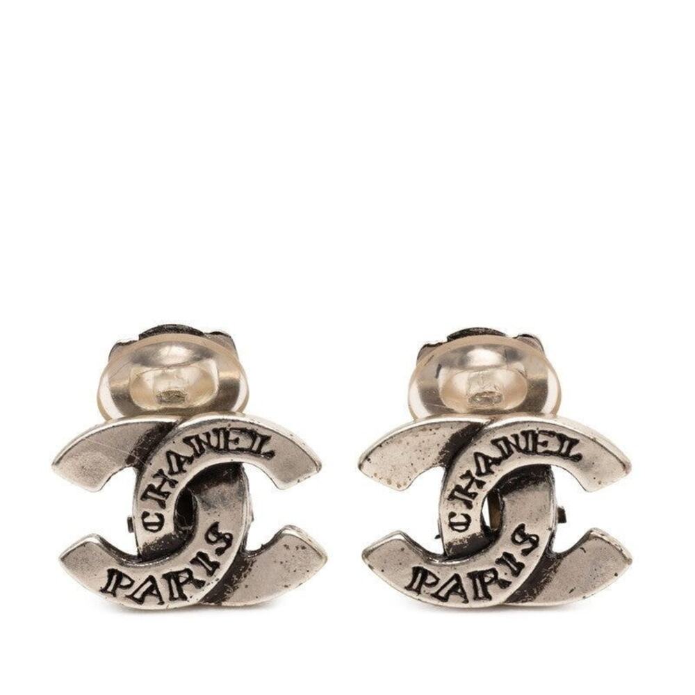 Chanel CC Logo Metal Earrings Silver